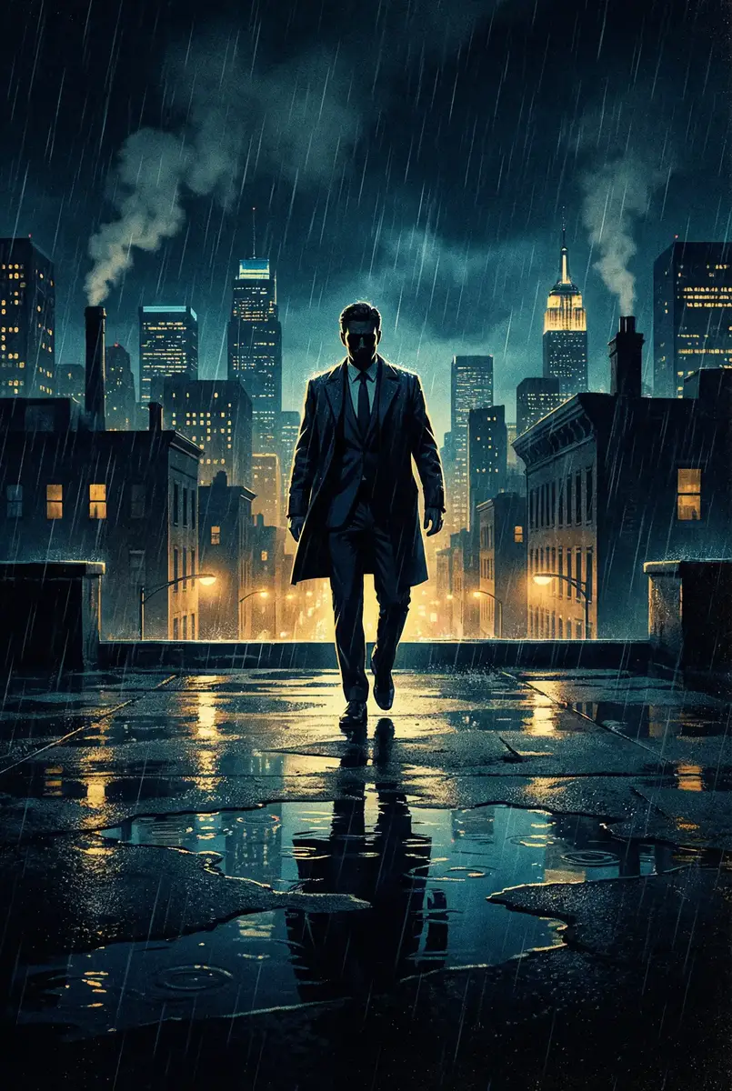 新隋唐英雄传张卫健 出品影片《雨夜独行者》海报，雨中城市屋顶男性剪影